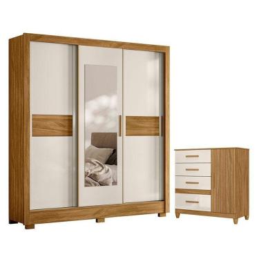 Imagem de Guarda Roupa Casal Bahamas E Cômoda Vênus Com Pés Freijó Off White – Moval