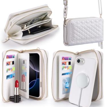 Imagem de Harryshell Capa carteira compatível com iPhone 16e com vários zíperes, removível e removível com compartimentos para cartões com bloqueio de RFID, alça transversal espelhada (compatível com Magsafe