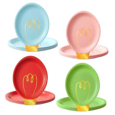 Imagem de OuMuaMua 100 peças de pratos de papel de Natal descartáveis, design de lâmpada de Natal resistente, suprimentos de festa, serve 50, conjunto de louça descartável chique com folha dourada para