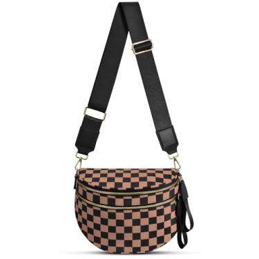 Imagem de Bolsa transversal de nylon quadriculada para mulheres, pochete espaçosa, bolsa transversal quadriculada para cinto, Xadrez cáqui, 12.2 x 5.51 x 8.66 inches, Moderno