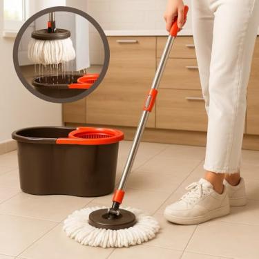 Imagem de Mop Giratório com Balde, Sistema de Limpeza Profissional, Microfibra Branca, Cabo em Aço Inox, Balde Marrom e Laranja para Limpeza Doméstica
