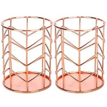 Imagem de 2 pçs suporte de caneta redondo rosa ouro cesta de armazenamento de mesa malha de metal organizador de maquiagem caixa