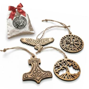 Imagem de Norse Tradesman Conjunto de enfeites de Natal Viking – Madeira de teca maciça feita à mão – 4 designs nórdicos (Yggdrasil, Mjolnir, Vegvisir, Raven) – Decoração Viking e Conjunto de Presente de Yule