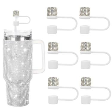 Imagem de JIASHEBDE Conjunto de acessórios para Stanley Cup, 6 peças, capa de canudo de diamante brilhante, tampa de canudos para Stanley 30 e 1,134 g com copos, acessórios de tampa de 1 cm para copo (branco, 6