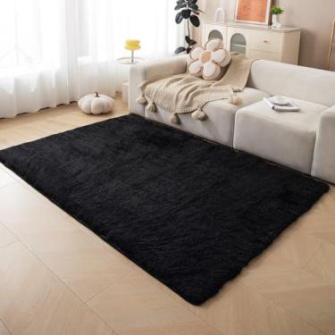 Imagem de ThreadGlobe Tapete felpudo premium, 1,8 m x 2,5 m, tapetes ultra macios para sala de estar, tapetes antiderrapantes para quarto e berçário, decoração de piso luxuoso de toque suave, preto, 1,8 x 2,5 m