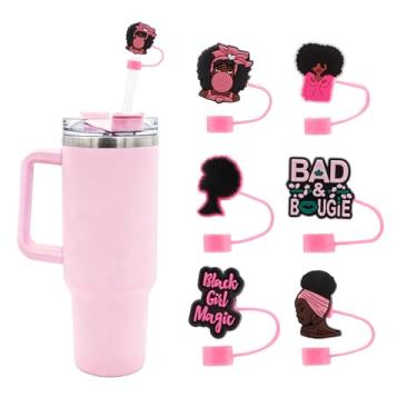 Imagem de Bchjatk 6 peças de capas de palha com estampa de menina negra com copo Stanley de 30 e 1,134 g, tampas de silicone macio de 10 mm, topos de canudo reutilizáveis à prova de poeira, decorações