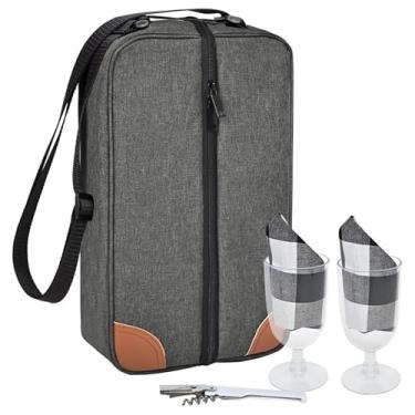 Imagem de Saco de vinho, bolsa térmica térmica com taças de vinho, saca-rolhas de aço, abridor de garrafas e guardanapos, bolsa de presente de vinho portátil para piqueniques, festas, viagens (cinza)