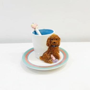 Imagem de Minigift Conjunto de pires de xícara de café expresso de cerâmica pintada à mão, caneca de animal fofo 3D com pires redondos e colher, 90 ml (marrom)