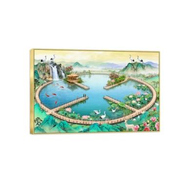Imagem de Chinoiserie Arte de parede paisagem imagem em tela - ponte do lago flores peixe - pintura chinesa - impressões de moldura dourada para decoração de casa 30 x 45 cm 12 x 18 pol