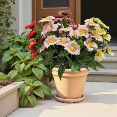 Imagem de HONGRUICRAFT Buquê de margaridas artificiais, flores de cores mistas ao ar livre com flores vermelhas, rosa e brancas, arranjo floral realista para jardim, pátio, decoração de casa (8, mistura de 4