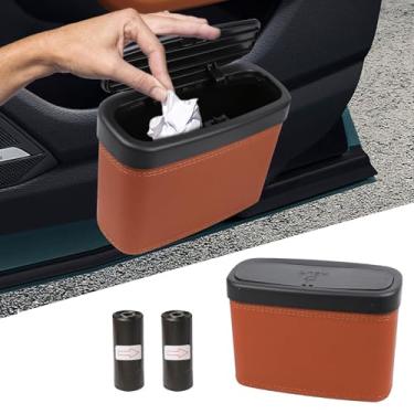 Imagem de Wuyaoyao Lixeira de carro com tampa, lixeira automotiva de couro com sacos de lixo, lata de lixo à prova de vazamento para pendurar na porta de carros, mini organizador multiuso de armazenamento de