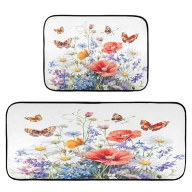 Imagem de Qilmy Tapetes de cozinha de flores silvestres e borboletas, 2 peças, tapete de entrada frontal, antiderrapante, alivia a fadiga, lavável, tapete para cozinha, quarto, varanda640