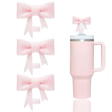 Imagem de YAYAYOUNG 3 peças de tampas de canudo de laço rosa com glitter compatíveis com copos Stanley de 30 e 1,134 g, protetores reutilizáveis e fofos de silicone para canudos StanleyCups de 10 mm Acessórios