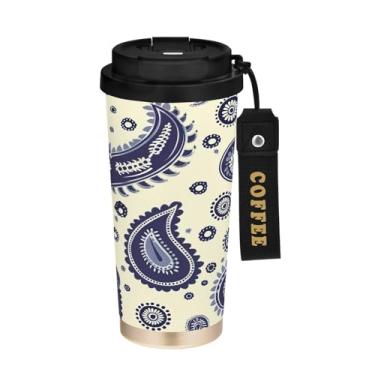 Imagem de YETTASBIN Caneca de café Paisley Flower com isolamento térmico de 482 g com tampa canudo, copo à prova de derramamento e vazamento com alça para bebida quente e fria, garrafa de água de aço inoxidável