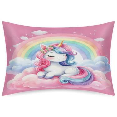 Imagem de Fronha de cetim para cabelo e pele fofo unicórnio arco-íris macio antiderrapante capas de travesseiro sem zíper com fecho de envelope fronha tamanho queen para cama sofá mulheres homens meninos