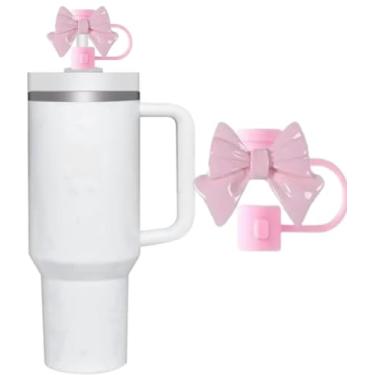 Imagem de 1 capa de canudo de laço rosa claro para Stanley copo de 1,142 g, tampa de cobertura de palha de silicone fofo de 10 mm, tampa de palha para tampas de ponta de canudos reutilizáveis, acessórios de