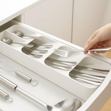 Imagem de Organizador de Gaveta para Talheres, Porta Talheres de Cozinha com Separadores para Facas, Colheres e Garfos, Branco e Verde