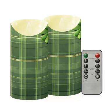 Imagem de Wassud Pacote com 2 velas sem chama com estampa xadrez verde com controle remoto, velas realistas cintilantes com temporizador, velas decorativas para Natal, casamento, festa, decoração de casa média