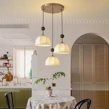 Imagem de Luminária pendente de tecido para mesa de jantar, iluminação de teto moderna com cúpula dupla de tecido, ideal para sala de jantar, sala de estar, quarto e cozinha.