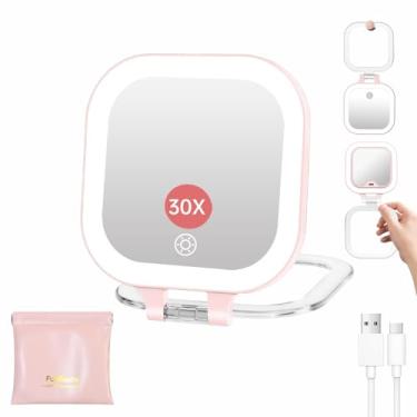 Imagem de FUNTOUCH Espelho de maquiagem para viagem com luz, espelho de aumento de 1X/30X com 3 configurações de luz e brilho ajustável, espelho de dupla face compacto dobrável recarregável com bolsa de