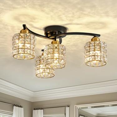 Imagem de Luminária de Teto 4 Lâmpadas Preto e Dourado com Cristal K9 — Lustre Moderno Curvo para Sala de Jantar, Quarto e Sala de Estar, Soquete E14 (Máx. 40W, Lâmpadas Não Inclusas)