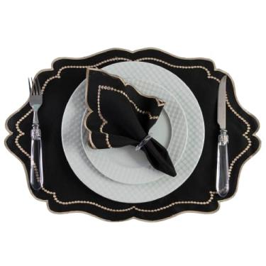 Imagem de Conjunto 24 Peças Jogo Americano com Guardanapo Preto com Bordado Dourado Formato Decorativo Ondulado 12 Lugares Poliéster 50x35cm