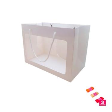 Imagem de Kit Sacola Branca com Visor 24cm x 12cm x 31cm e Fita Cetim 38mm x 10m