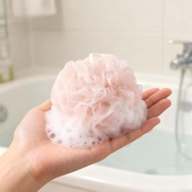 Imagem de 1 esponja de bucha de chuveiro, esfregão corporal esfoliante de bucha de 4 cores, bolas de pufe de chuveiro de malha para sabonete líquido, ferramenta de acessórios de banho de limpeza macia (rosa)