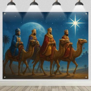 Imagem de HOMETITUTE Pano de fundo de Dia dos Três Reis 2,4 x 1,8 m Sábios em Camelos Cena Epifania Fundo Fotográfico Estrela Noite Santa Natal Decoração Religiosa Banner Cristão para Exibição de Cabine de