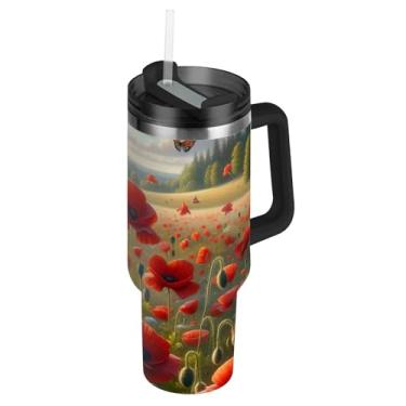 Imagem de Copos com tampa e canudos primavera papoulas vermelhas copo de pastagem com alça 850.5 g rosa bonito isolado garrafa de água aço inoxidável caneca de café quente para carro