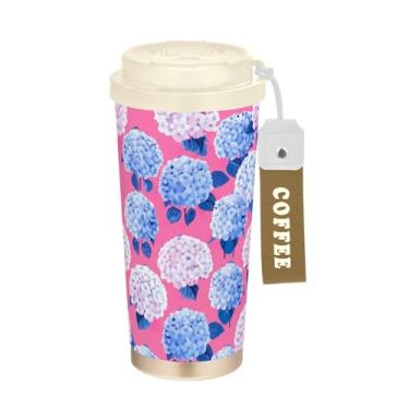 Imagem de TSENQUE Copo de café de 473 ml com tampa de canudo e filp, copo de parede dupla isolado a vácuo com revestimento cerâmico, azul, branco, hortênsias, rosa