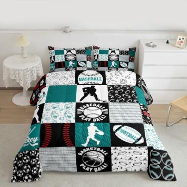 Imagem de Feelyou Jogo de cama solteiro com estampa de beisebol, futebol, futebol, para crianças, adolescentes e amantes de esportes, presente, basquete, hóquei no gelo, decoração de quarto, microfibra
