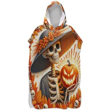 Imagem de Joisal Roupão de mudança para adultos, poncho de surfe, com capuz, fofo, secagem rápida, poncho masculino e feminino, com capuz, laranja, abóbora, Dia das Bruxas