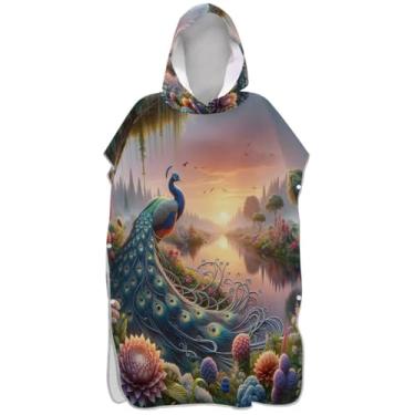 Imagem de Joisal Poncho de surfe trocador de roupão adulto com capuz toalha de natação plus size masculino poncho com capuz arte animal pavão colorido