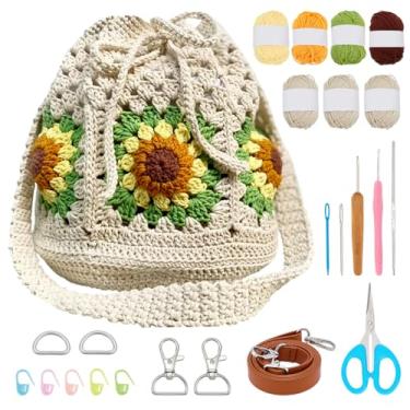 Imagem de WEBEEDY Bolsa de crochê quadrada DIY para iniciantes, kit de crochê fácil com tutoriais em vídeo e fios, gancho, acessórios para adultos, Natal, férias, artesanal, verão, praia, presente