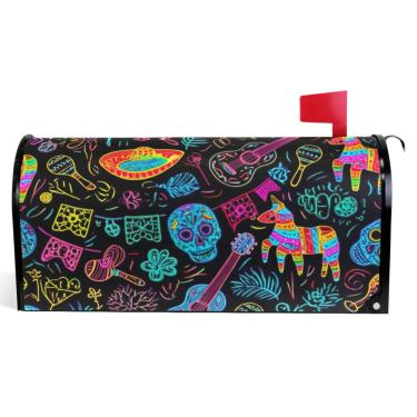 Imagem de TSENQUE Capas decorativas para caixa de correio de vinil magnético envoltório de caixa de correio de verão férias à prova de intempéries decoração legal maximalismo crânio preto tamanho grande 64,5 x