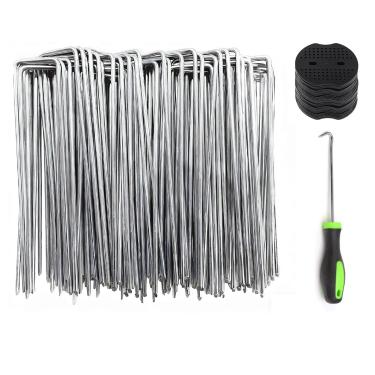 Imagem de Grampos de paisagem galvanizados de 25 cm, 50 peças, com junta de 50 peças, estacas de tecido de paisagismo, estacas de barreira de ervas daninhas, pontas de jardim, grampos de cobertura de solo