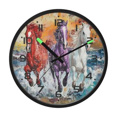 Imagem de SEHANY Relógio de parede artístico majestoso cavalos silencioso, sem tique-taque, relógio redondo operado por bateria, controle de som, luz noturna, relógios de parede para sala de estar, cozinha