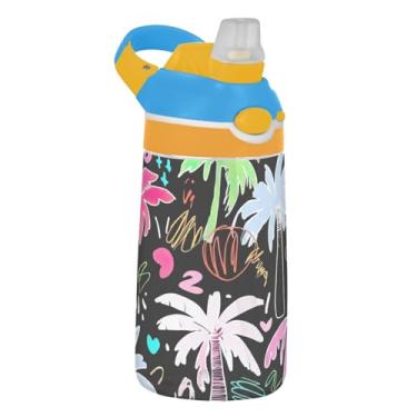 Imagem de Garrafa de água infantil de 473 ml com tampa de palha, garrafa de água esportiva Tritan reutilizável de 473 ml, copo infantil portátil à prova de vazamento, alça de transporte, palmeiras coloridas