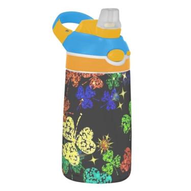 Imagem de Garrafa de água infantil preta Shamrock Leaves Stars com canudo 473 ml 473 ml Garrafa de água esportiva Tritan à prova de vazamento, copo de viagem infantil portátil, reutilizável, alça de transporte