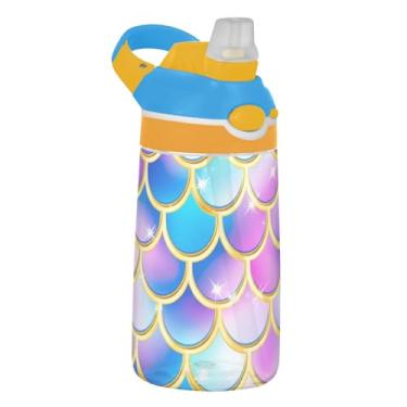 Imagem de Garrafa de água infantil Tritan de 473 ml com tampa de palha, garrafa de água esportiva portátil para escola, à prova de vazamento, copo infantil de 473 ml, alça de transporte, escamas de sereia neon