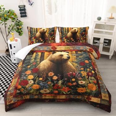 Imagem de AILONEN Jogo de cama queen com urso floral, flores florestais, botânico, retrô, casa de fazenda, animal selvagem, urso e 2 fronhas, 3 peças
