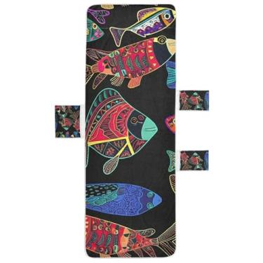 Imagem de Peixe colorido preto capas de espreguiçadeira toalha de cadeira toalha de praia com bolso superior ajustado espreguiçadeira de verão 215,9 cm x 76,2 cm