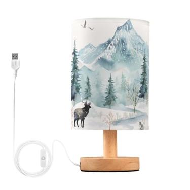 Imagem de YYZZH Abajur De Mesa Aquarela Inverno Floresta Árvore Animal Montanha Urso Veado Coruja Cabeceira Com Base Madeira Tecido Para Sala Estar Quarto Crianças Escritório