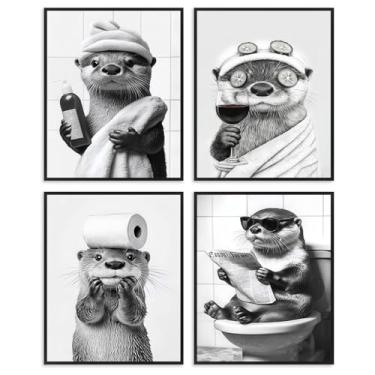 Imagem de Dazzlewall Conjunto de arte de parede de banheiro de lontra engraçada, 4 peças, impressões de arte de parede de lontra fofas em preto e branco retrô para decoração de banheiro, banheiro, 20 x 25 cm