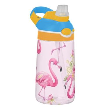 Imagem de Garrafa de água infantil Tritan de 473 ml com tampa de palha, garrafa de água esportiva portátil para escola, à prova de vazamento, copo infantil de 473 ml, alça de transporte, flamingos rosa flores