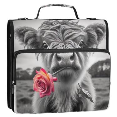 Imagem de Fichários personalizados de 3 anéis de 3 cm para serviço pesado, fofo, vaca Highland, com zíper, pasta de armazenamento de portfólio com alça, bolsa escolar com alça de ombro