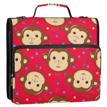 Imagem de Organizador de fichário com zíper com rostos de macaco fofos, vermelho, marrom, 3 anéis, bolsa para fichários escolares divertidos e resistentes com alça de ombro, suporte para 500 folhas