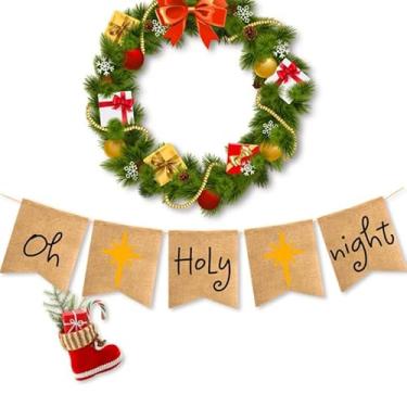 Imagem de NUOBESTY Grande guirlanda de Natal Oh-holy-night faixa rústica decoração interna ao ar livre perfeita para festa de parede de cornija