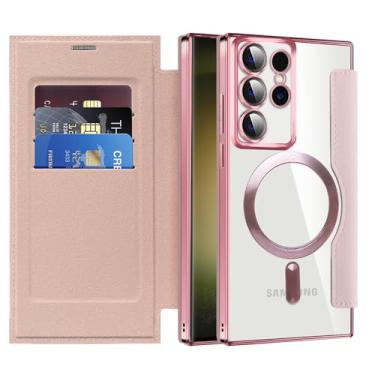 Imagem de MEMAXELUS Capa carteira para Samsung Galaxy S26 Ultra compatível com MagSafe, [bloqueio RFID] Capa magnética à prova de choque de couro PU flip premium com compartimentos para cartão transparente à